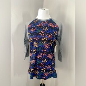 LuLaRoe Randy Tee Shirt NWT 3/4 Raglan Knit Sleeve Blue Floral Striped Zig Zag